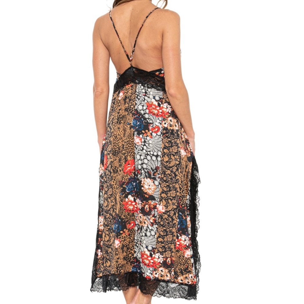 Floral Lace-Trim Slip Dress in Black and Brown - Picture 2 of 2